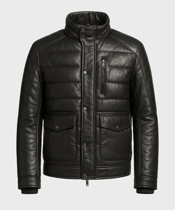 Men's Biker Black Moto Puffer Leather Jacket