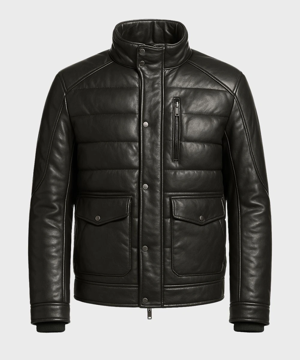 Men's Biker Black Moto Puffer Leather Jacket