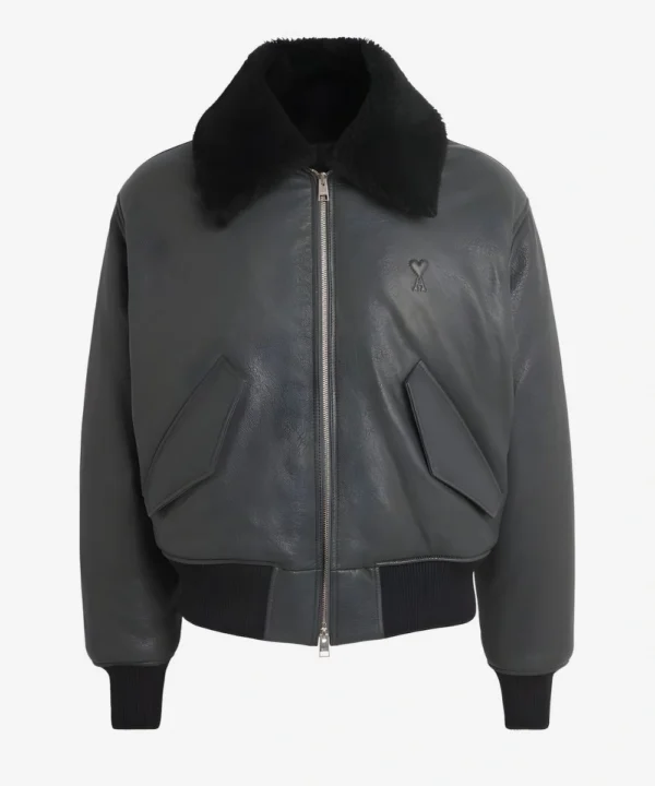 Men's Black Leather Bomber Fur Collar Jacket