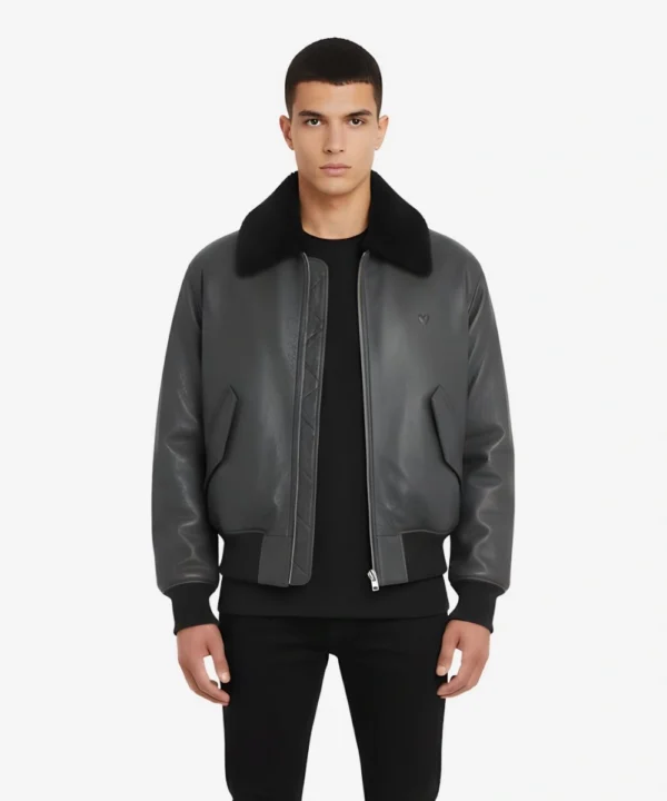 Men's Black Leather Bomber Fur Shearling Collar Jacket