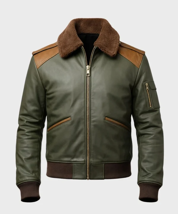 Men's Classic A2 Aviator Leather Bomber Jacket Olive Green And Brown
