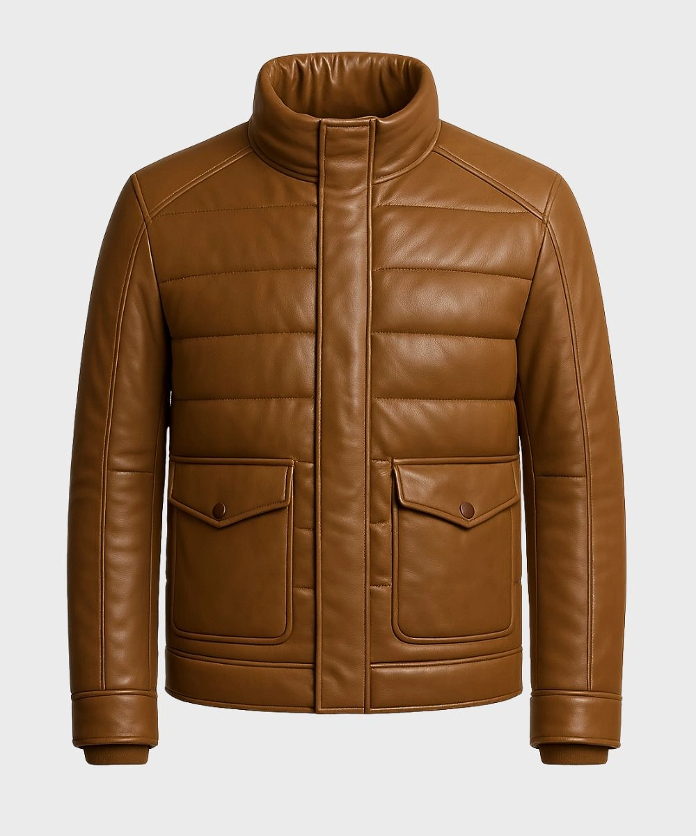 Men's Classic Biker Brown Puffer Leather Jacket
