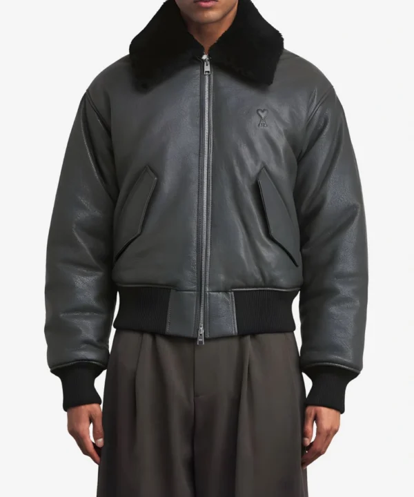 Men's Classic Black Leather Bomber Fur Shearling Collar Jacket