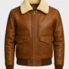 Men's Classic Brown Leather Bomber Shearling Collar Jacket