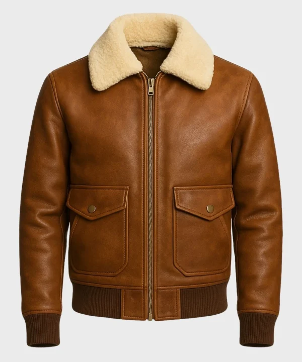 Men's Classic Brown Leather Bomber Shearling Collar Jacket
