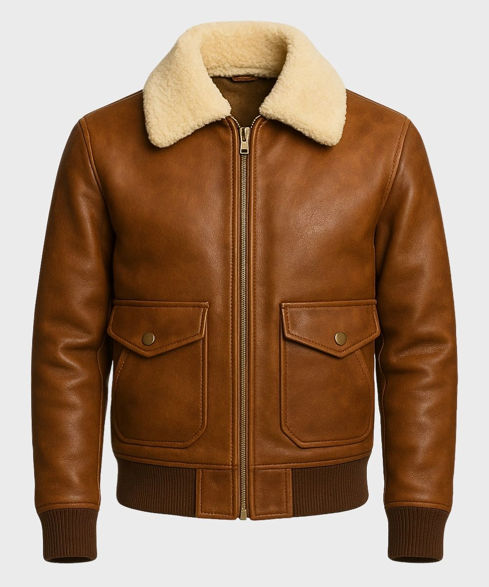 Men's Classic Brown Leather Bomber Shearling Collar Jacket