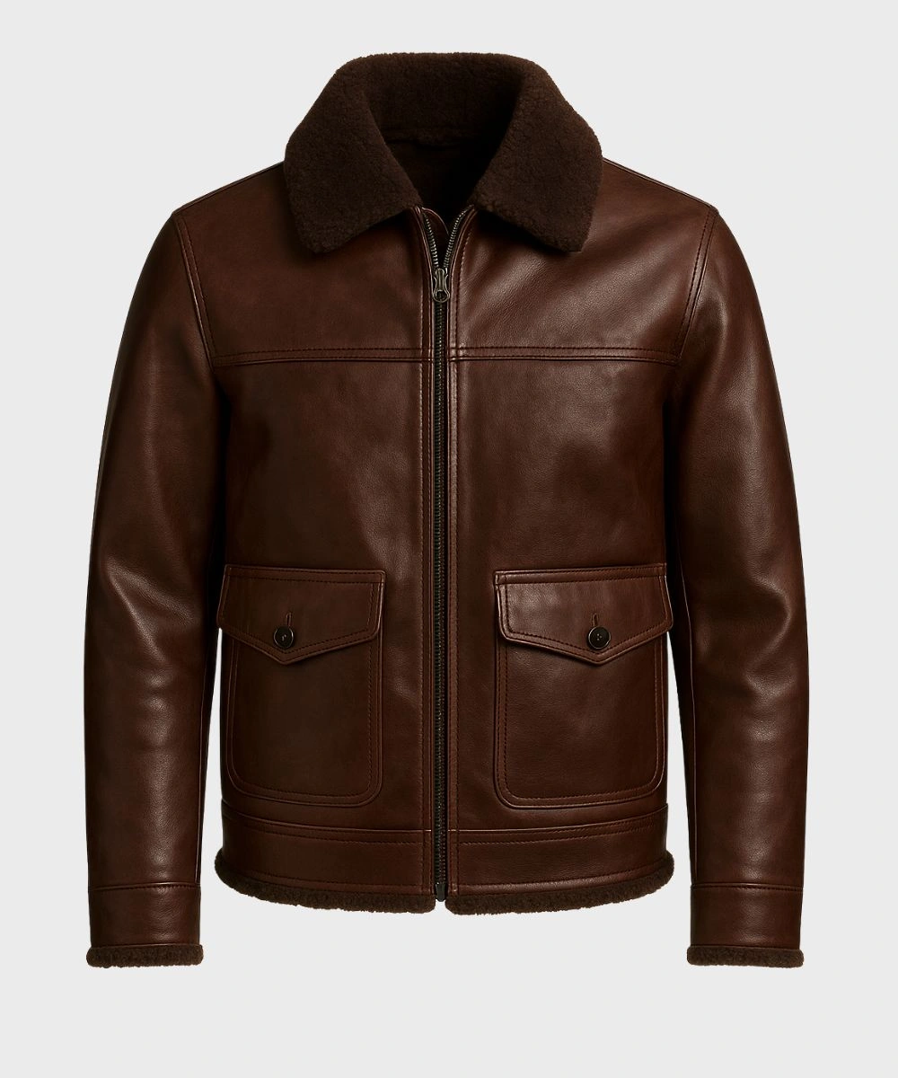 Men's Classic Chocolate Brown Fur Shearling Collar Leather Jacket