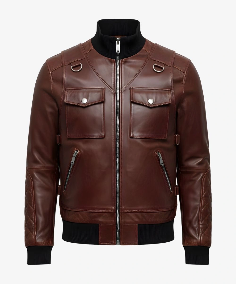 Men's Classic Moto Dark Brown Biker Leather Bomber Jacket