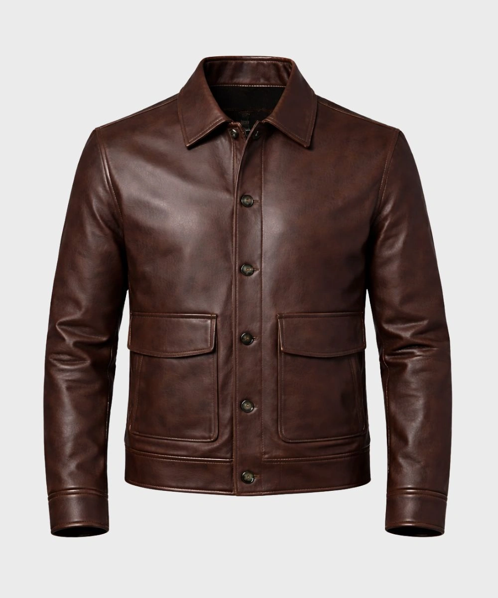 Men's Classic Style Dark Brown Biker Leather Bomber Jacket