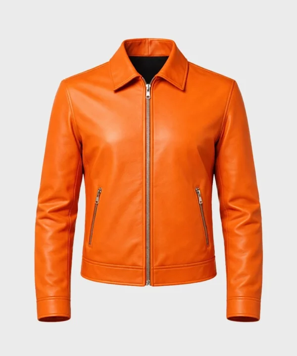 Men's Classic Style Moto Biker Orange Leather Bomber Jacket