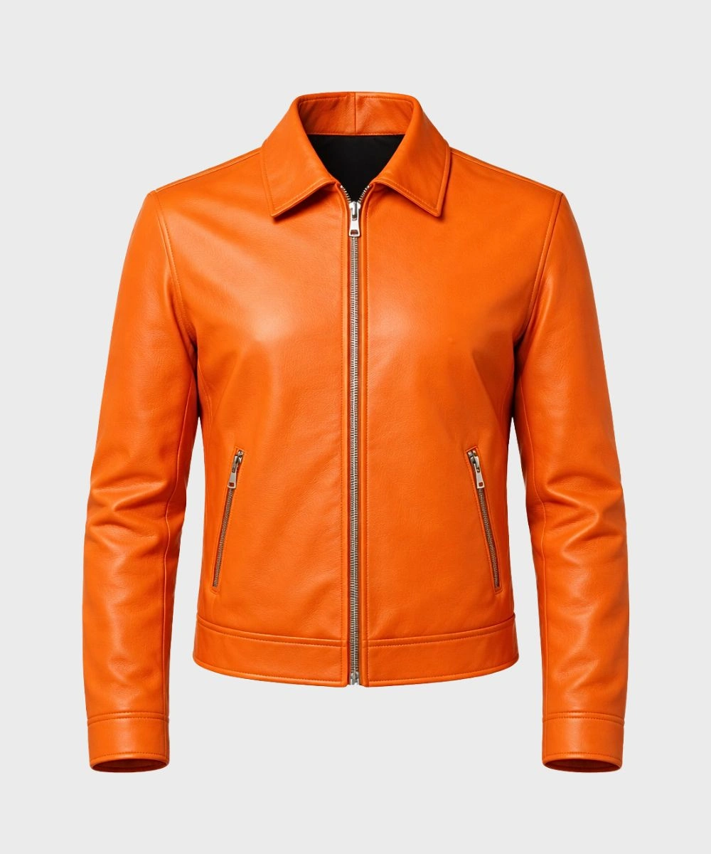 Men's Classic Style Moto Biker Orange Leather Bomber Jacket
