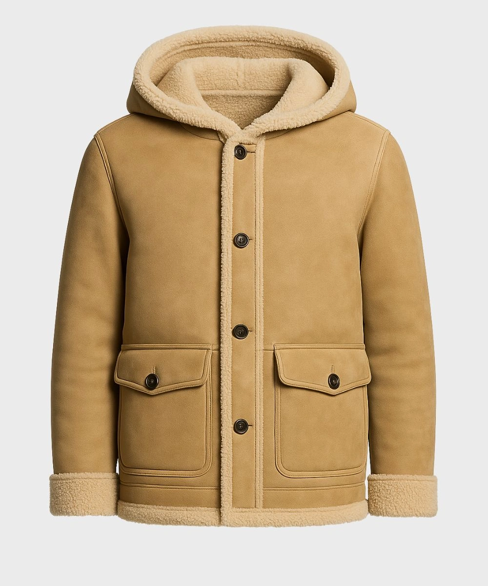 Men's Classic Suede Leather Camel Brown Hooded Jacket