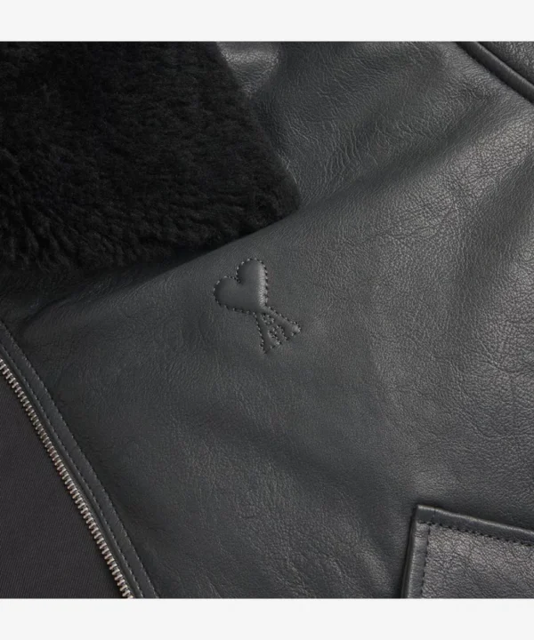 Men's Fur Collar Black Leather Bomber Jacket