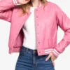 Pink Leather Varsity Bomber Jacket