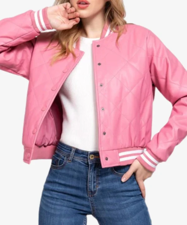 Pink Leather Varsity Bomber Jacket