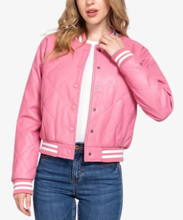 Pink Leather Varsity Bomber Jacket For Women