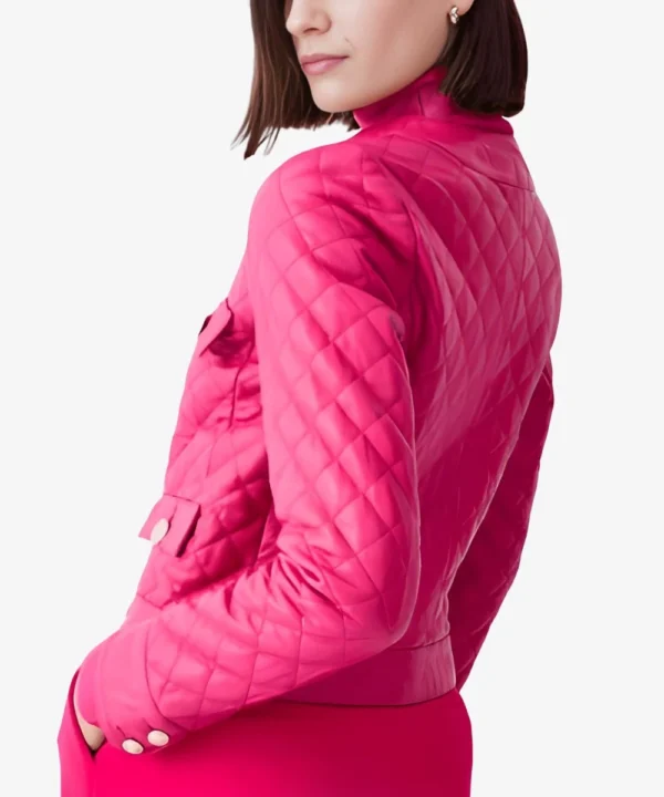 Pink Quilted Leather Trucker Bomber Jacket