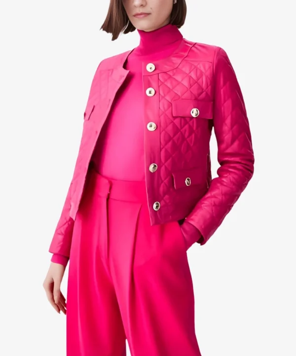 Pink Quilted Leather Trucker Bomber Jacket For Women