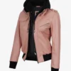 Pink Real Leather Hooded Bomber Jacket Women's