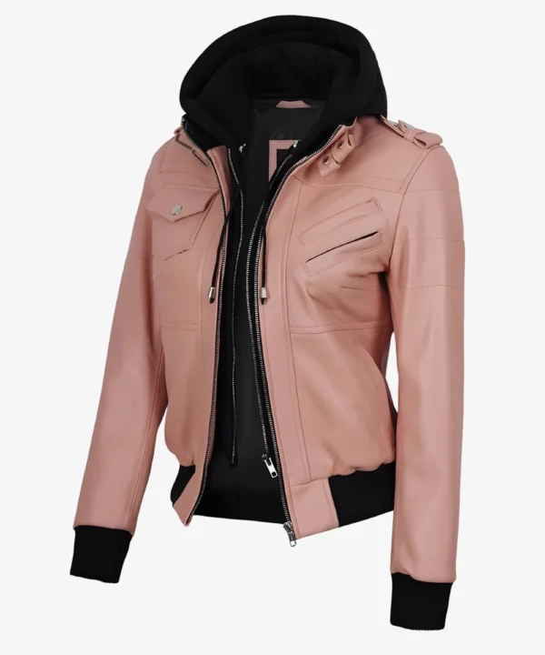 Pink Real Leather Hooded Bomber Jacket Women's