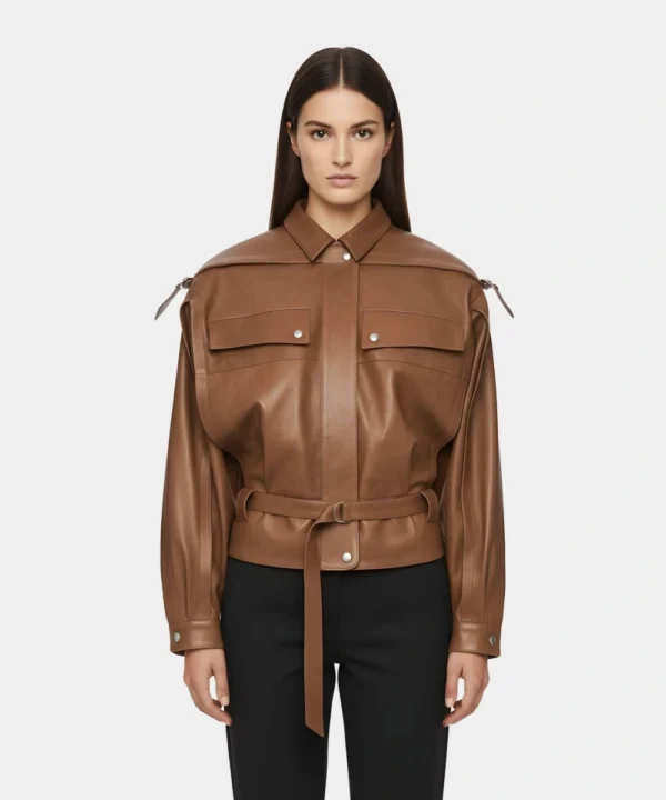Women's Belted Oversized Leather Jacket Brown