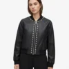 Women's Black Stud Leather Bomber Jacket