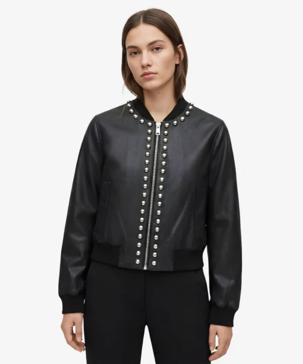 Women's Black Stud Leather Bomber Jacket