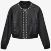 Women's Black Studded Leather Bomber Jacket