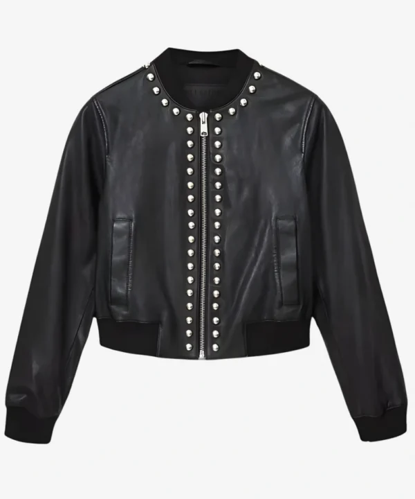 Women's Black Studded Leather Bomber Jacket