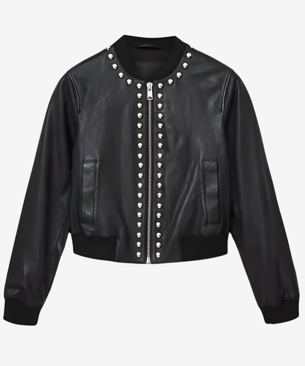 Women's Black Studded Leather Bomber Jacket