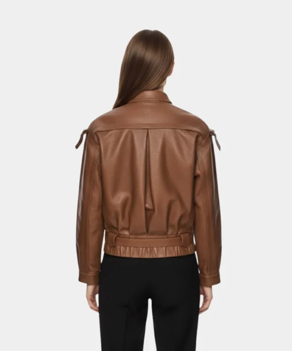Women's Brown Oversized Belted Leather Bomber Jacket