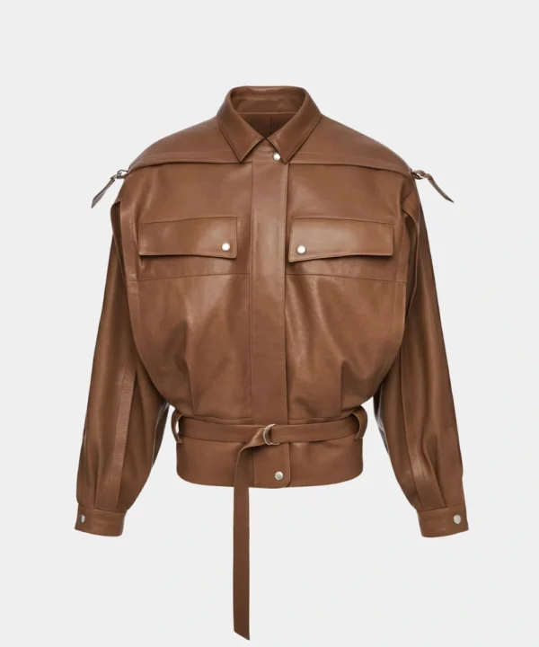 Women's Brown Oversized Belted Leather Jacket
