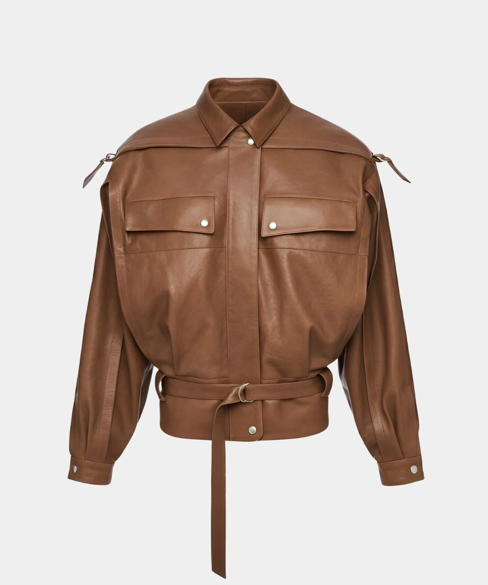 Women's Brown Oversized Belted Leather Jacket