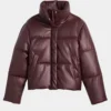 Women's Burgundy Leather Puffer Jacket