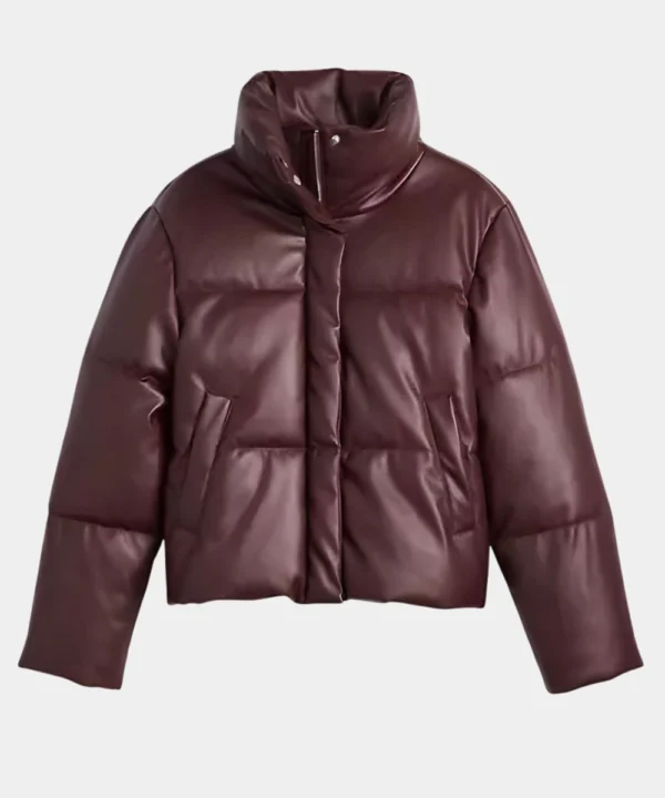 Women's Burgundy Leather Puffer Jacket