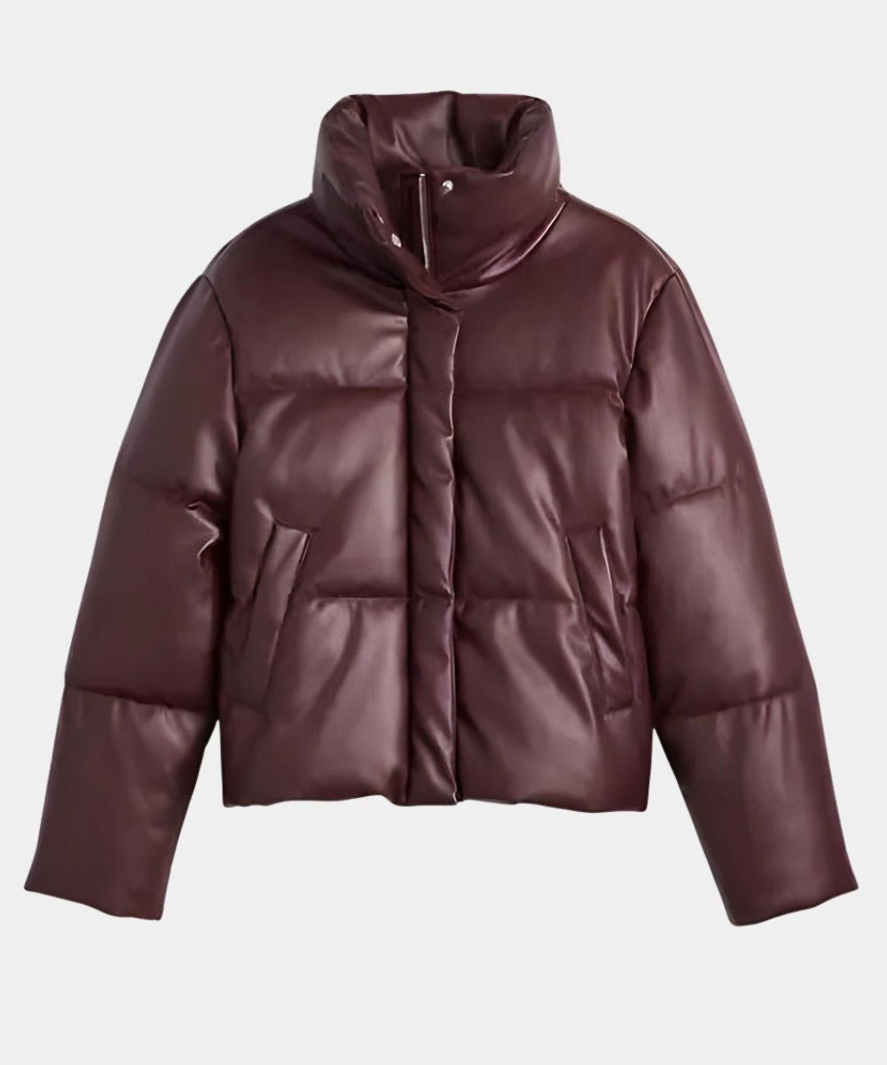 Women's Burgundy Leather Puffer Jacket