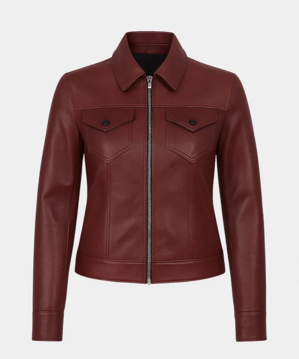 Women's Classic Maroon Motorcycle Biker Leather Bomber Jacket