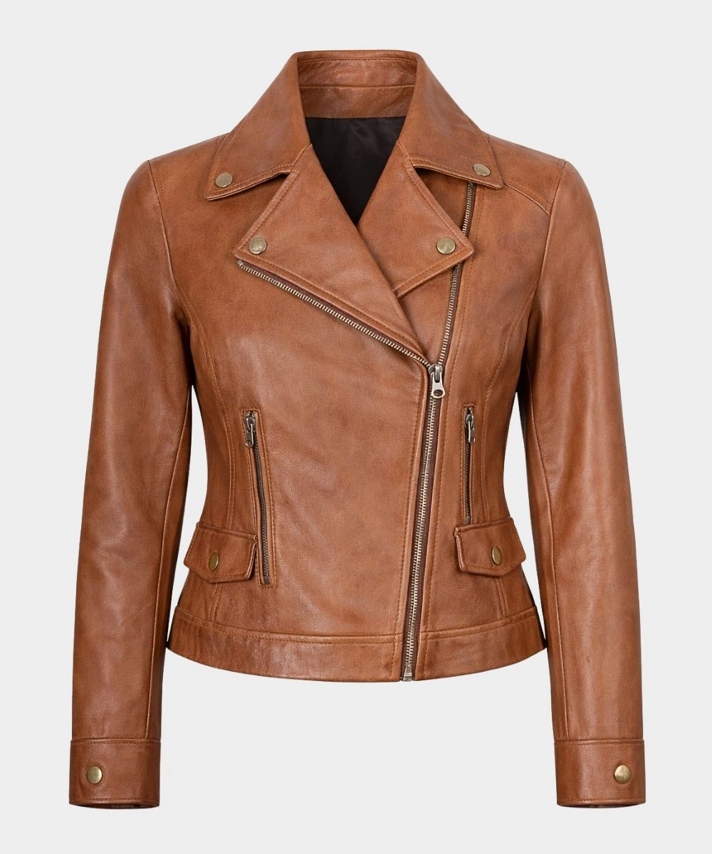 Women's Classic Motorcycle Tan Biker Leather Jacket