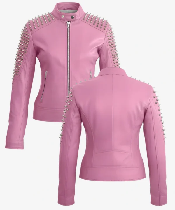 Women's Classic Pink Motorcycle Stud Leather Spike Jacket