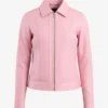 Womens Classic Pink Shirt Style Collar Leather Jacket