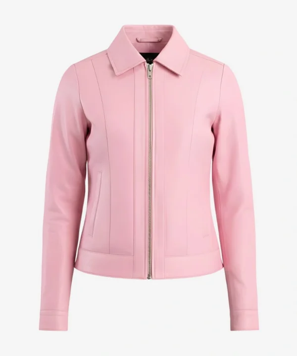 Womens Classic Pink Shirt Style Collar Leather Jacket