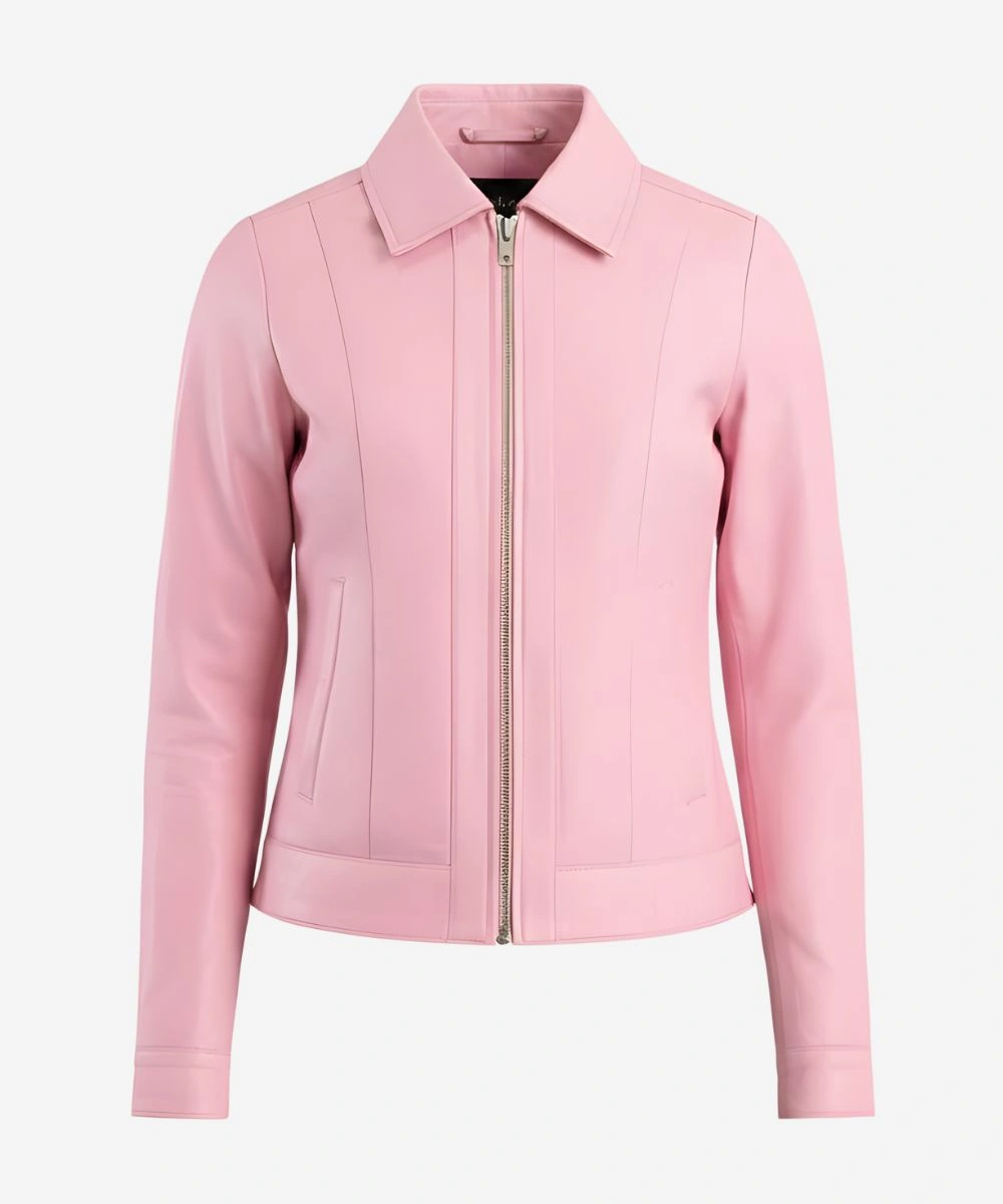 Womens Classic Pink Shirt Style Collar Leather Jacket