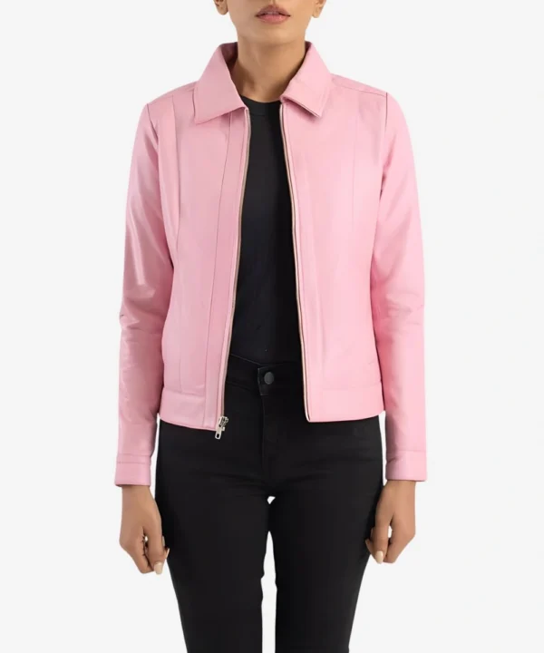 Womens Classic Shirt Style Collar Leather Jacket Pink