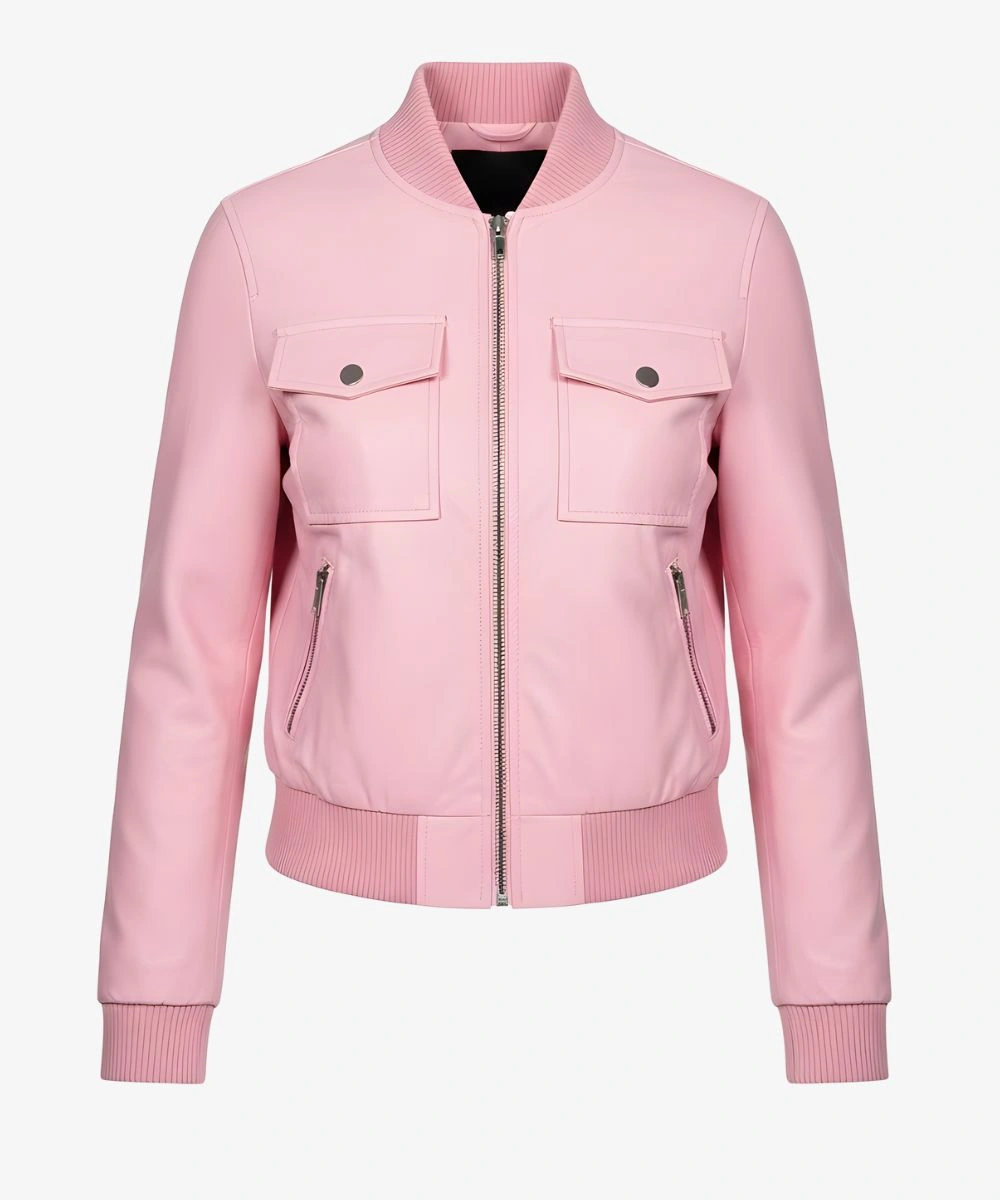 Women's Motorcycle Biker Pink Leather Bomber Jacket