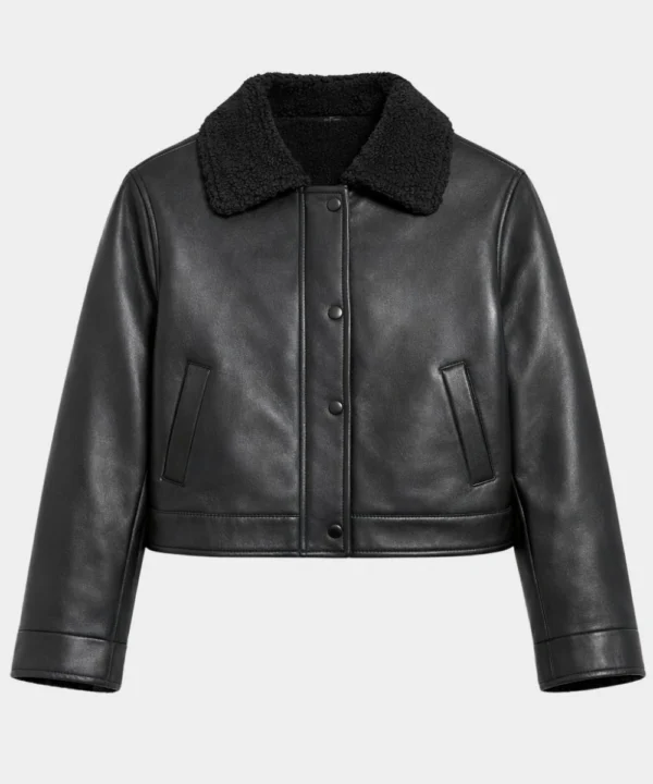 Women's Oversized Shearling Black Leather Bomber Jacket