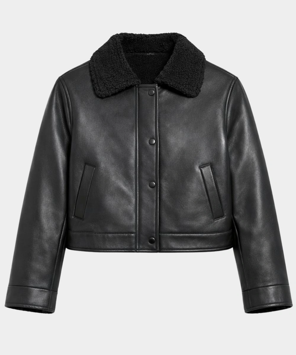Women's Oversized Shearling Black Leather Bomber Jacket