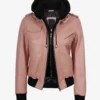 Women's Pink Bomber Real Leather Jacket With Hood