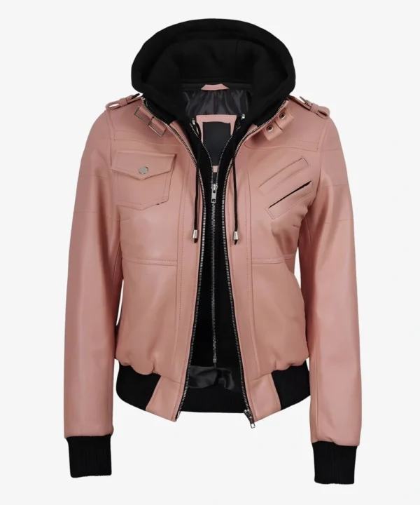 Women's Pink Bomber Real Leather Jacket With Hood