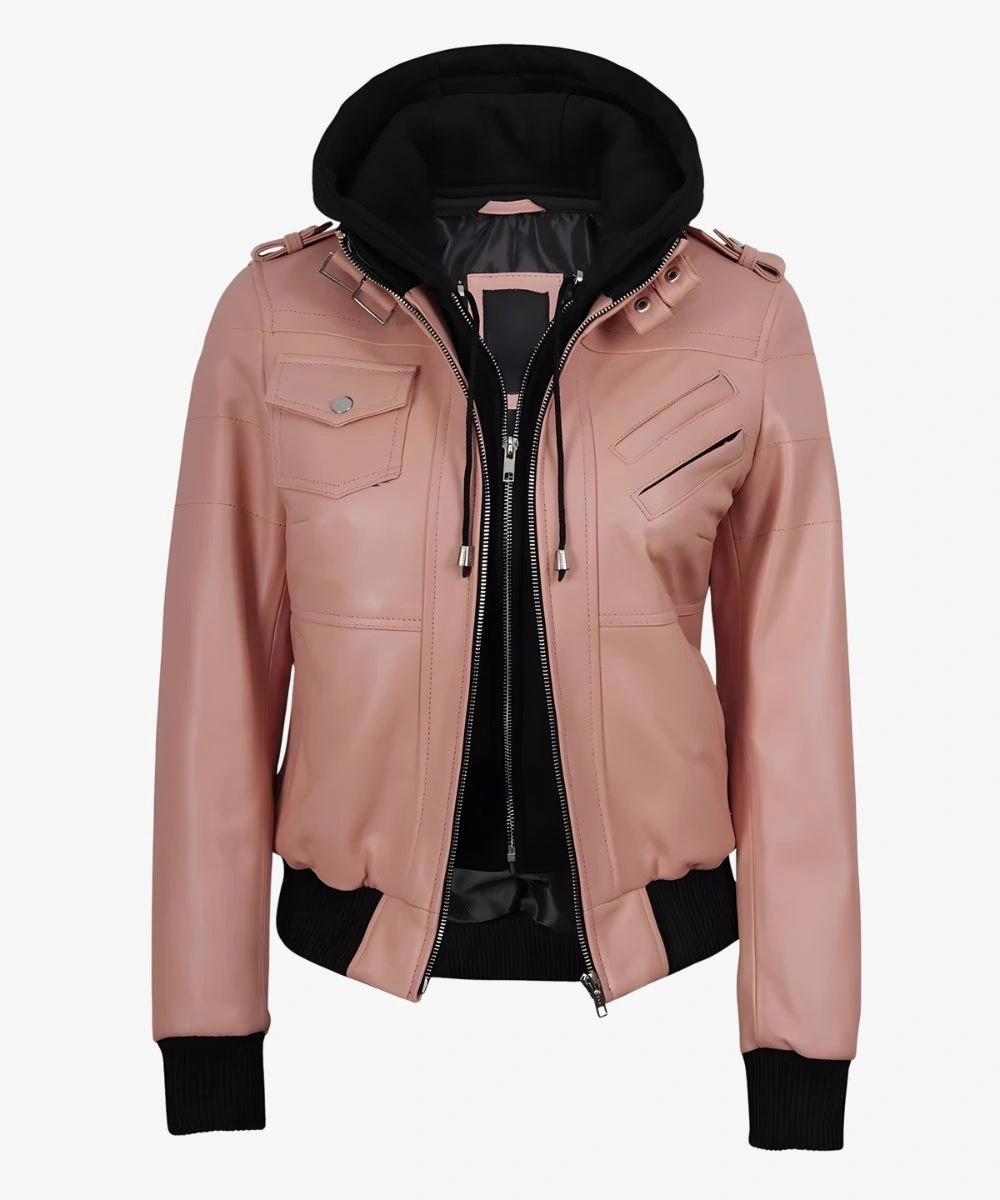 Women's Pink Bomber Real Leather Jacket With Hood