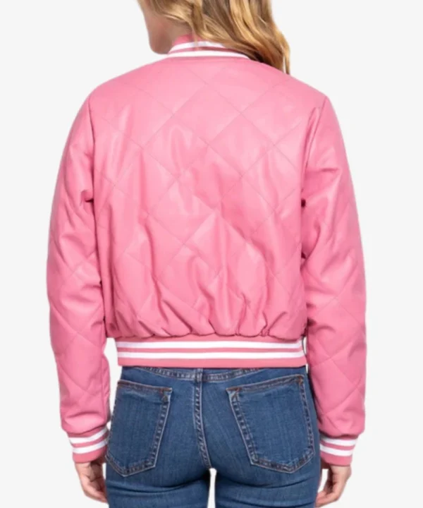 Women's Pink Leather Varsity Bomber Jacket